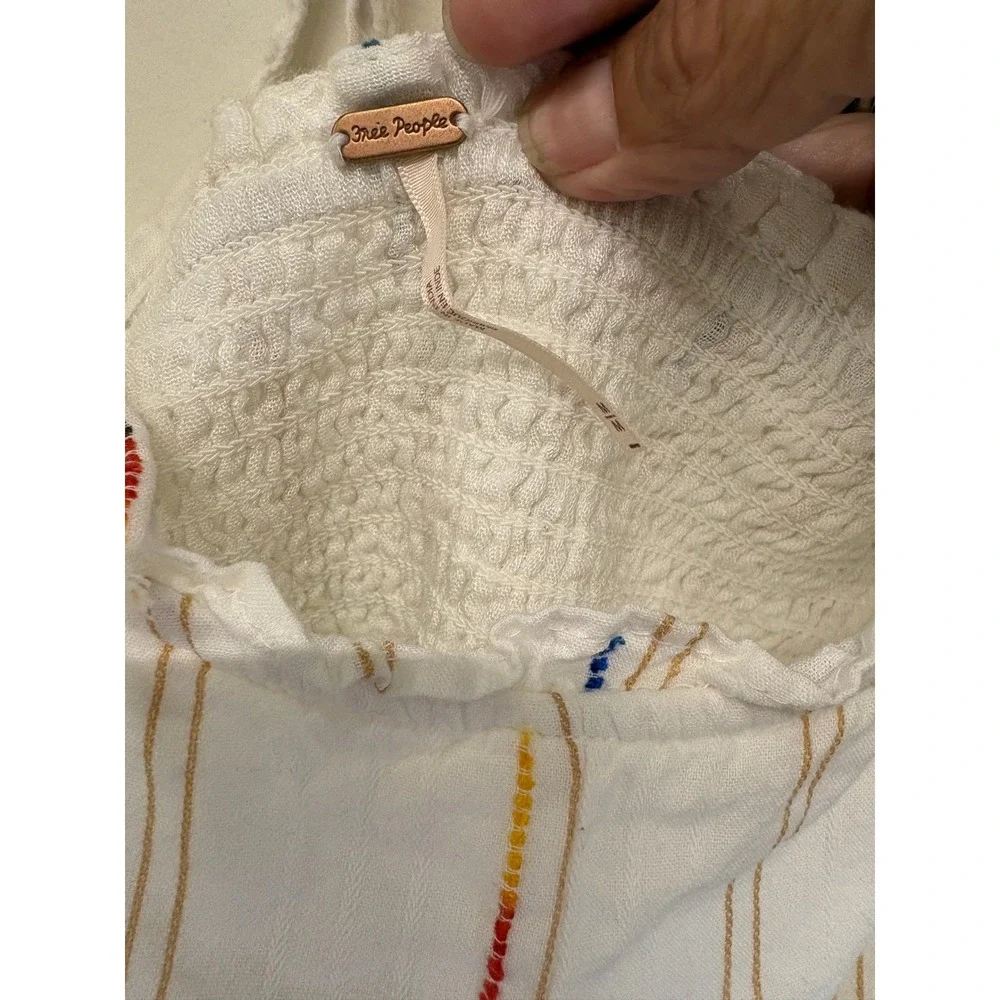 Free People White Striped Smocked Back Puff Sleeve Crop Blouse Medium boho